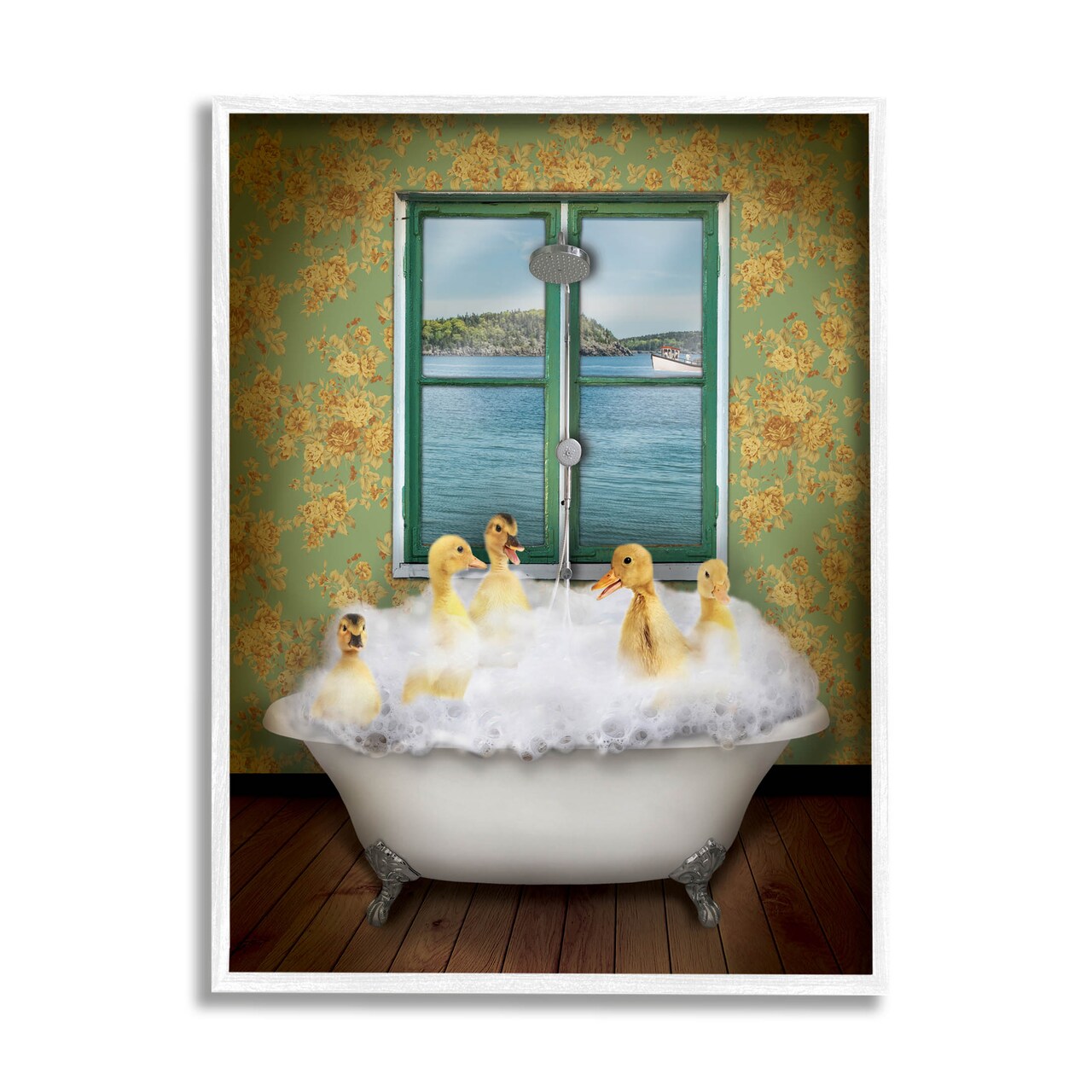 Stupell Industries Ducks Bathing Tub Ocean View Framed Giclee Art